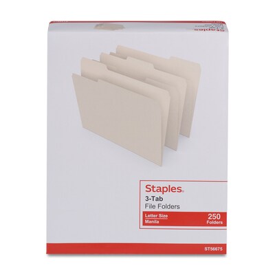 Staples Heavy Duty File Folder, 1/3 Cut Tab, Letter Size, Manila, 250/Box (TR56677)