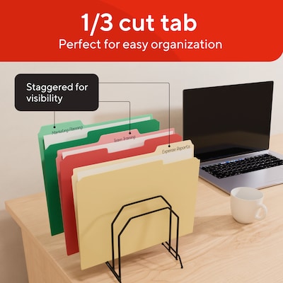 Staples File Folders, Letter Size, 1/3-Cut Tabs, Assorted Positions, Assorted Colors, Heavy-Duty Paper Stock, 250/Pack