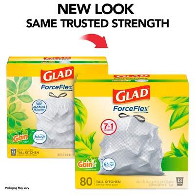 Glad ForceFlex Tall 13 Gallon Drawstring Kitchen Trash Bag, Gain Original with Febreze Freshness, White, 80 Total Bags (78750)