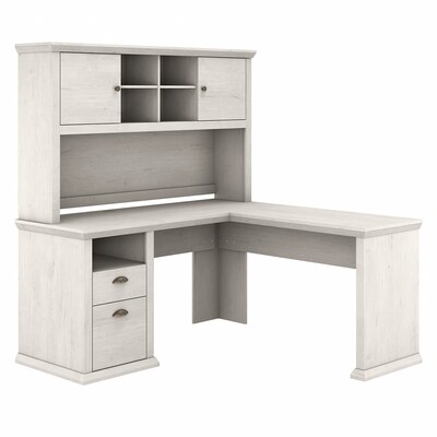 Bush Furniture Yorktown 60"W L Shaped Desk with Hutch, Linen White Oak (YRK001LW)