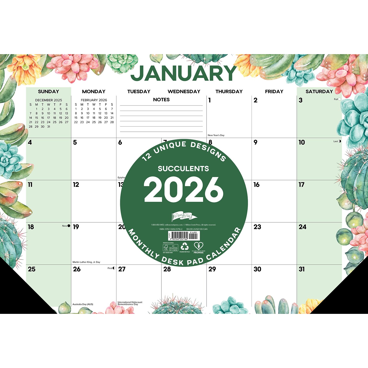 2026 Willow Creek Succulents 17 x 12 Monthly Desk Pad Calendar (57162X)