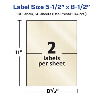 Avery Pearlized Ivory Rectangle Multipurpose Labels, 5.5" x 8.5", Ivory, 100/Box (94229)
