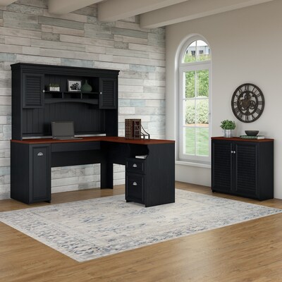 Bush Furniture Fairview 60W L Shaped Desk with Hutch and Small Storage Cabinet, Antique Black/Hansen Cherry (FV012AB)