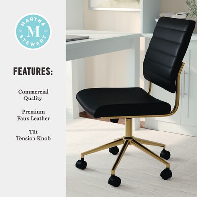 Martha Stewart Ivy Armless Faux Leather Swivel Office Chair, Black/Polished Brass (CH2209211BKGLD)