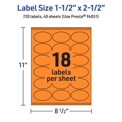 Avery Laser/Inkjet Multipurpose Oval Labels, 1.5" x 2.5", Bright Orange, 720/Pack (94051)