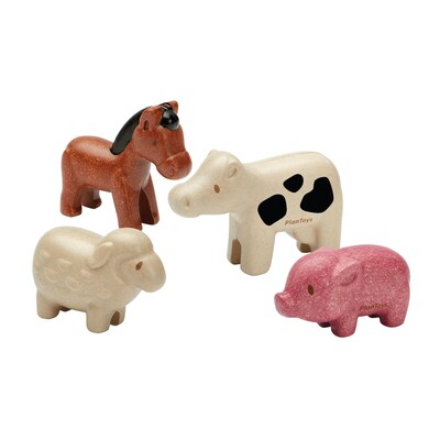 Plan Toys Wooden Farm Animals Playset, Multicolored, 4/Pack (PTS6127)