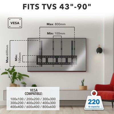 Mount-It! Heavy-Duty Tilt TV Wall Mount, Fits 43" to 90" TVs, Holds 220 lbs., Black (MI-2303L)