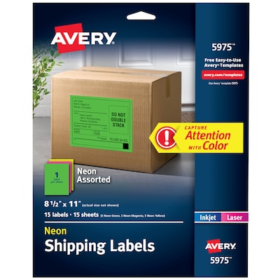 Avery Laser Shipping Labels, 8-1/2 x 11, Assorted Neon, 15 Labels/Pack (5975)