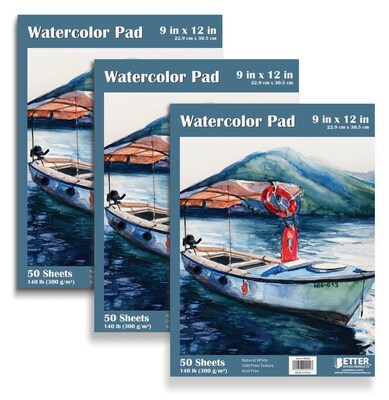 Better Office 9 x 12 Tape Bound Watercolor Sketch Pad, 150 Sheets/Pad, 3 Pads/Pack (01321)