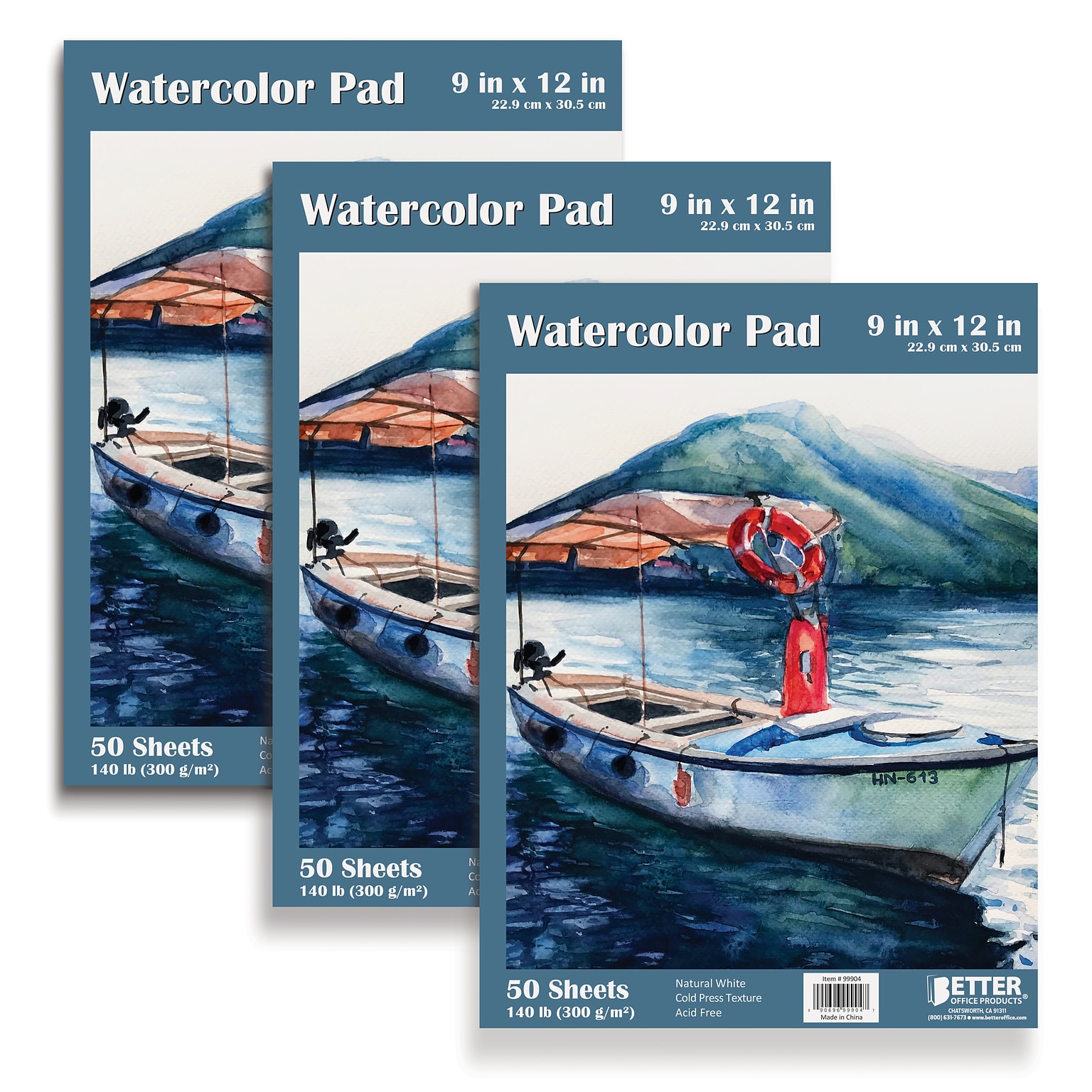Better Office Products Watercolor Pads, 9 x 12, 150 Sheets, Natural White, 3-Pack (01321-3PK)