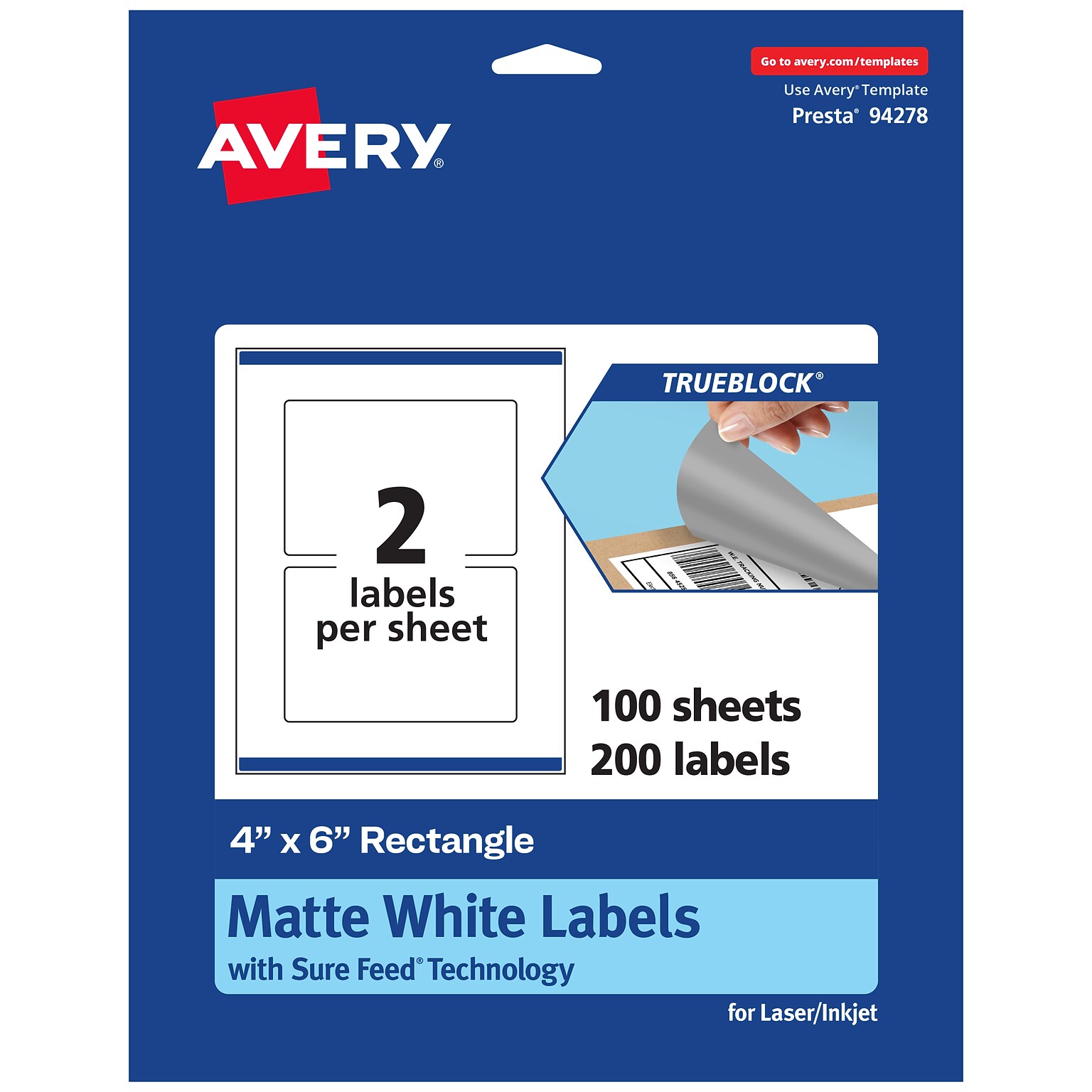 Avery TrueBlock Laser/Inkjet Rectangle Multipurpose Labels, 4 x 6, White, 200/Box (94278)