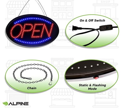 Alpine Industries Open Indoor LED Oval Sign,  23" x 14", 2/Pack (497-02-2PK)