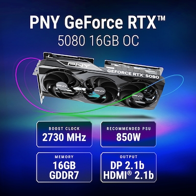 PNY NVIDIA GeForce RTX 5080 OC Triple Fan PCIe 5.0 16GB GDDR7 Gaming Graphics Card, 2295 MHz Core, B