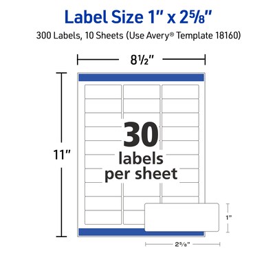 Avery Easy Peel Laser/Inkjet Address Labels, 1" x 2 5/8", Matte White, 300 Labels/Pack (18160)