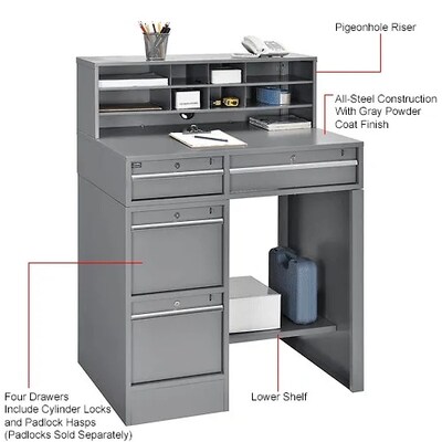 Global Industrial Pedestal Shop Desk w/ 4 Drawers & Shelf, 38"W x 29"D, Gray (319063)