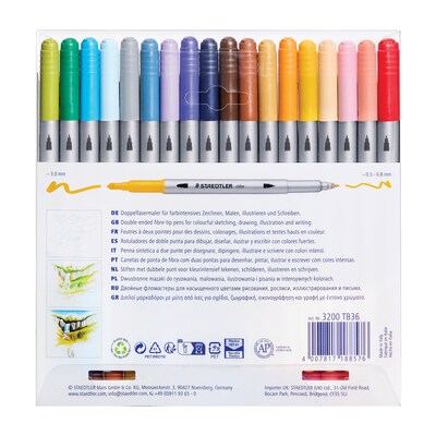 Staedtler Double Ended Fiber Tip Pen, Assorted Ink, 36/Pack (3200TB36)
