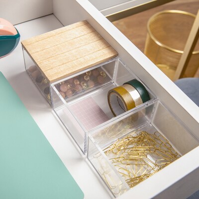 Martha Stewart Brody Plastic Storage Organizer Bin with Light Natural Paulownia Wood Lid, Clear, 3/S