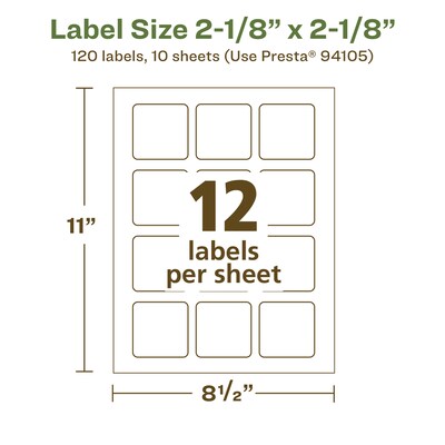 Avery EcoFriendly Laser/Inkjet Square Multipurpose Labels, 2-1/8" x 2-1/8", White, 120/Pack (94105)