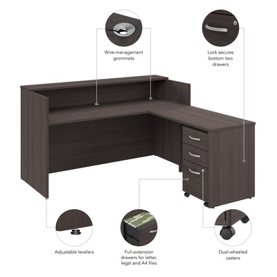 Bush Business Furniture Arrive 72"W L Shaped Reception Desk with Shelf and Mobile File Cabinet, Storm Gray (ARV007SG)