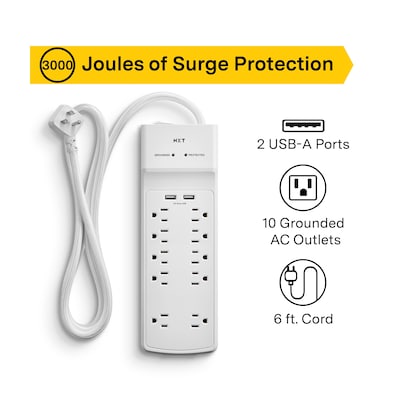 NXT Technologies™ 10-Outlet 2 USB Surge Protector, 6' Braided Cord, 3000 Joules (NX54318)