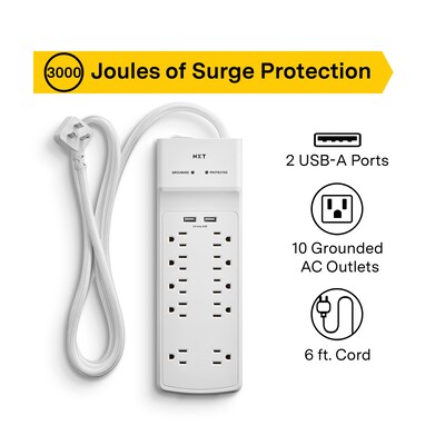 NXT Technologies™ 10-Outlet 2 USB Surge Protector, 6 Braided Cord, 3000 Joules (NX54318)