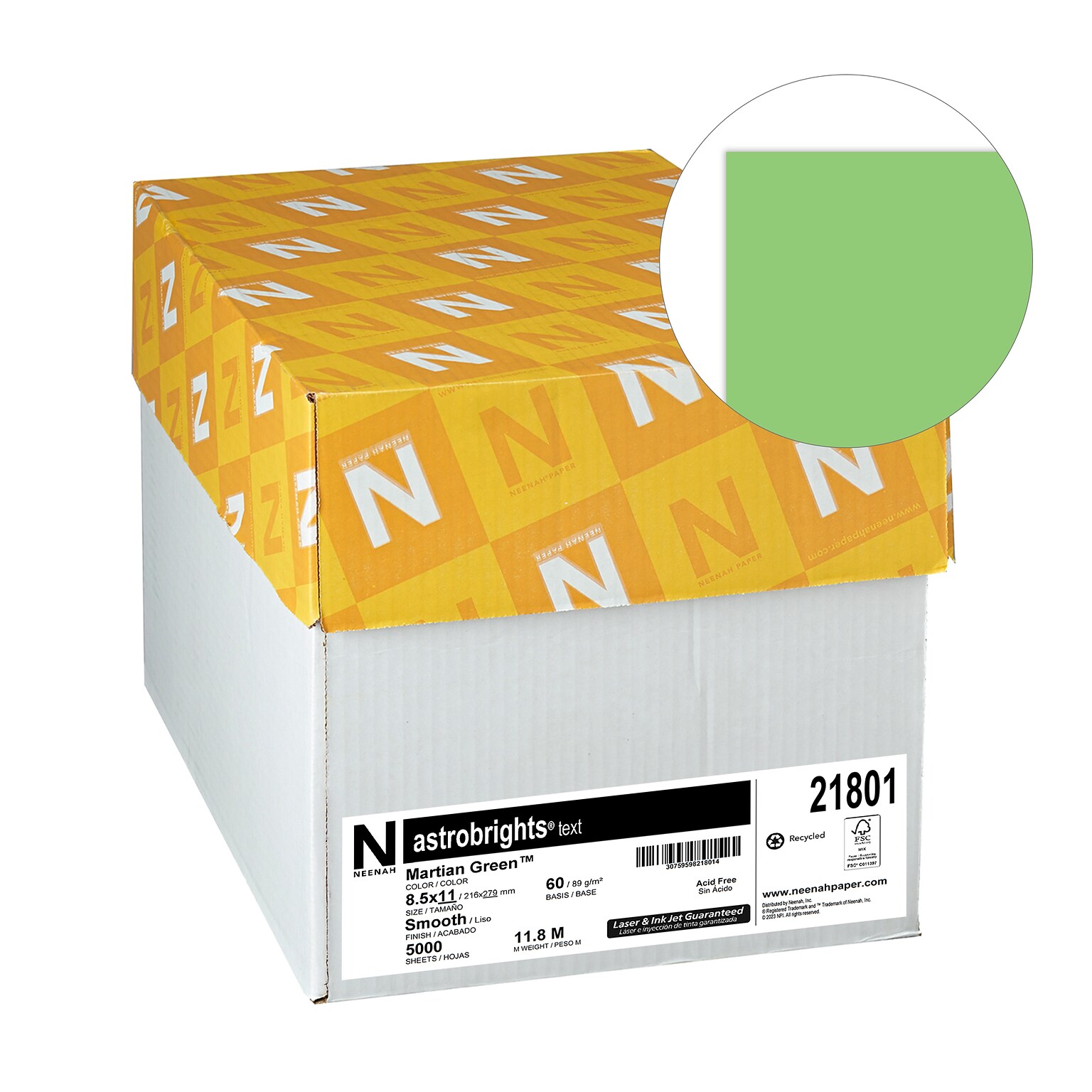Astrobrights 8.5 x 11 Color Multipurpose Paper, 24 lbs. Martian Green, 500 Sheets/Ream, 10 Reams/Carton (WAU21801)