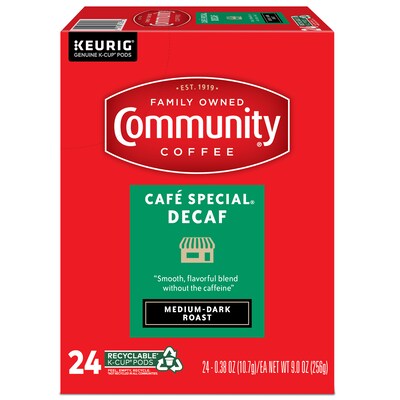 Community Coffee Cafe Special Decaf Coffee, Keurig K-Cup Pod, Medium-Dark Roast, 96/Carton (5000374327CT)