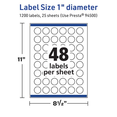 Avery TrueBlock Laser/Inkjet Round Multipurpose Labels, 1" Dia., White, 1200 Labels/Pack (94500)