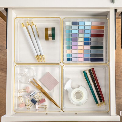 Martha Stewart Kerry Plastic Stackable Office Desk Drawer Organizer, Clear/Gold, 4/Set (BEPB9049G4CG