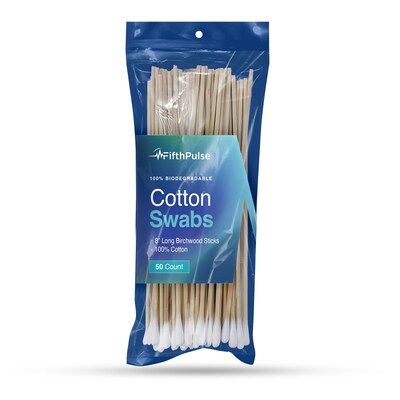 FifthPulse 100% Natural Eco-friendly 8" Cotton Swabs Sticks Made With Birch Wood - Non Sterile Cotton Tip, 50 Pack (FMN100685)