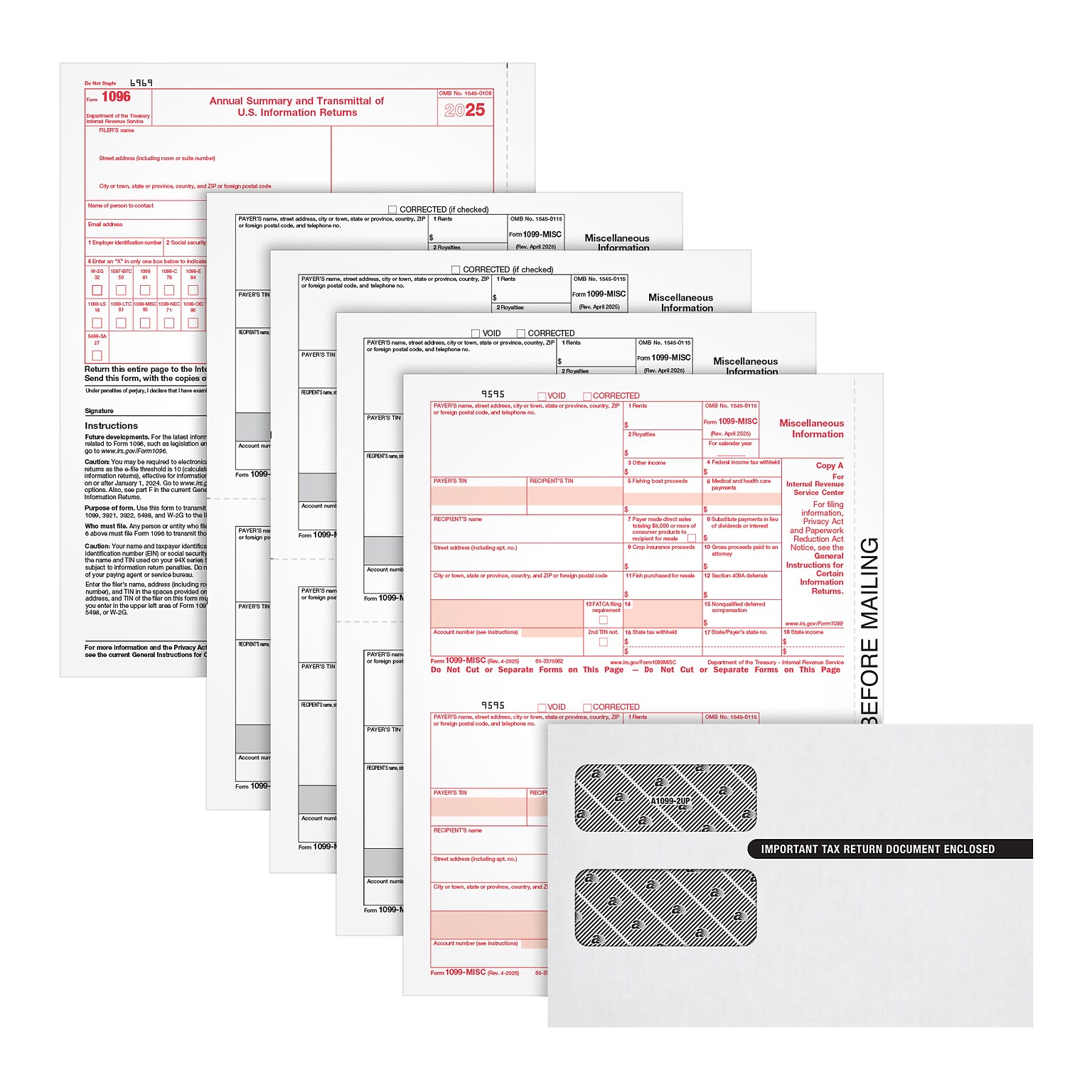 Adams Employees Copies Cut Sheet 2025 1099-MISC Tax Form Kit with 1096 Forms & Envelopes, 4-Part, Copy A, B, 1, 2, 50/Pack