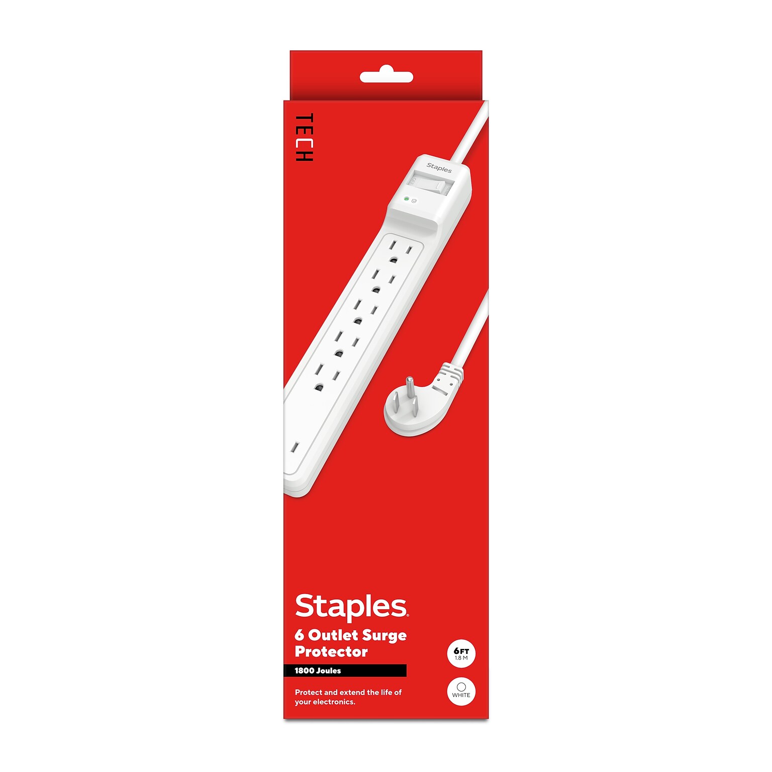 Staples TECH 6-Outlet Surge Protector, 6, 1800 Joules, White (ST62780)