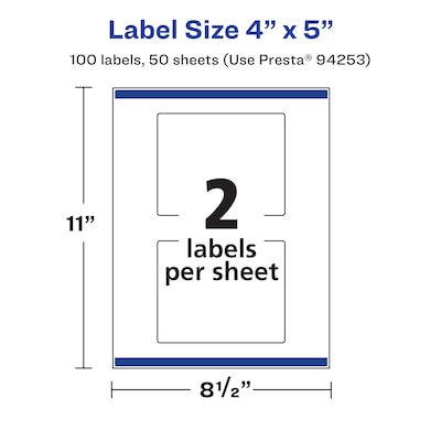 Avery Laser/Inkjet Rectangle Waterproof Multipurpose Labels, 5"  x 4", White, 100/Box (94253)