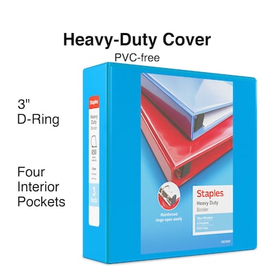 Staples® Heavy Duty 3" 3 Ring View Binder with D-Rings, Light Blue (ST56288-CC)