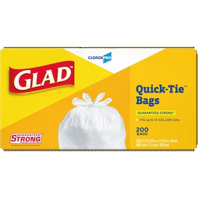 Glad Quick Tie Tall 13 Gallon Flap Tie Kitchen Trash Bag, White, 200 Total Bags (15931)