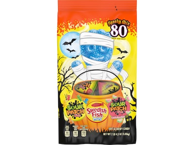 Mondelez International Sour Patch Kids & Swedish Fish Mini Halloween Candies Variety Pack, 2.27 lbs., 80 Bags/Pack