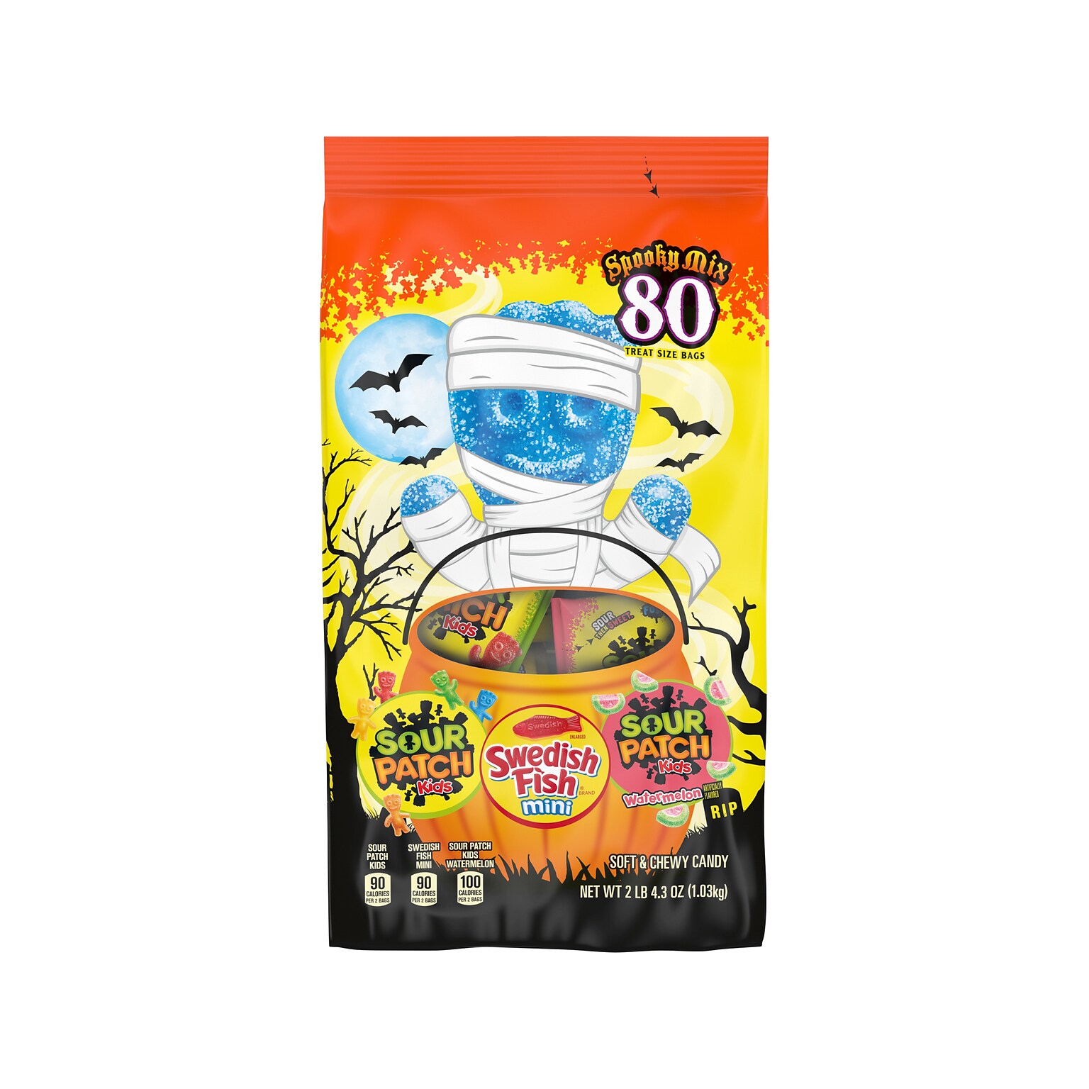 Mondelez International Sour Patch Kids & Swedish Fish Mini Halloween Candies Variety Pack, 2.27 lbs., 80 Bags/Pack