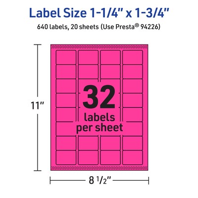 Avery Laser/Inkjet Rectangle Multipurpose Labels, 1.25" x 1.75", Neon Magenta, 640/Pack (94226)