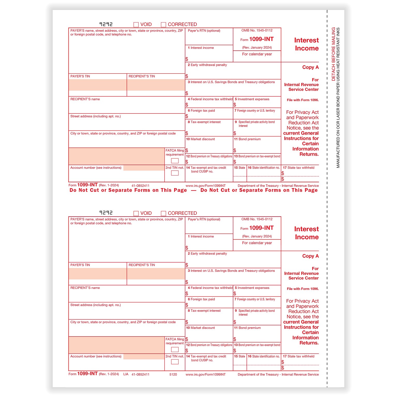 ComplyRight 2024 1099-INT Tax Form, 1-Part, 2-Up, Copy A, 50/Pack (512050)