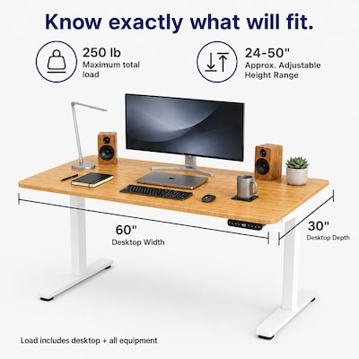 Uncaged Ergonomics Rise Up 60"W Electric Adjustable Bamboo Standing Desk, Natural/White (RUWB)