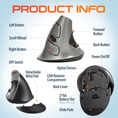 Delton S22 Wireless Ergonomic Vertical Optical Mouse, Gray/Black (DMERGS22-WB)