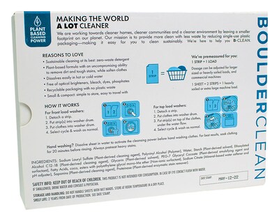 Boulder Clean Laundry Detergent Sheets, Free and Clear, 40/Pack 12 Packs/Carton