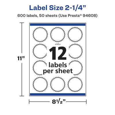 Avery Laser/Inkjet Multipurpose StarburstLabels, 2.25" Dia, Glossy White, 600/Box (94608)