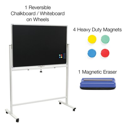 Excello Global Products Double Sided Magnetic Mobile Whiteboard Chalkboard Combo, White Frame, 48" x 32"