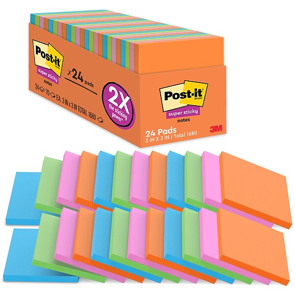 Post-it® Super Sticky Notes Cabinet Pack, 3 x 3, Energy Boost Collection, 70 Sheets/Pad, 24 Pads/Pack (654-24SSAU-CP)