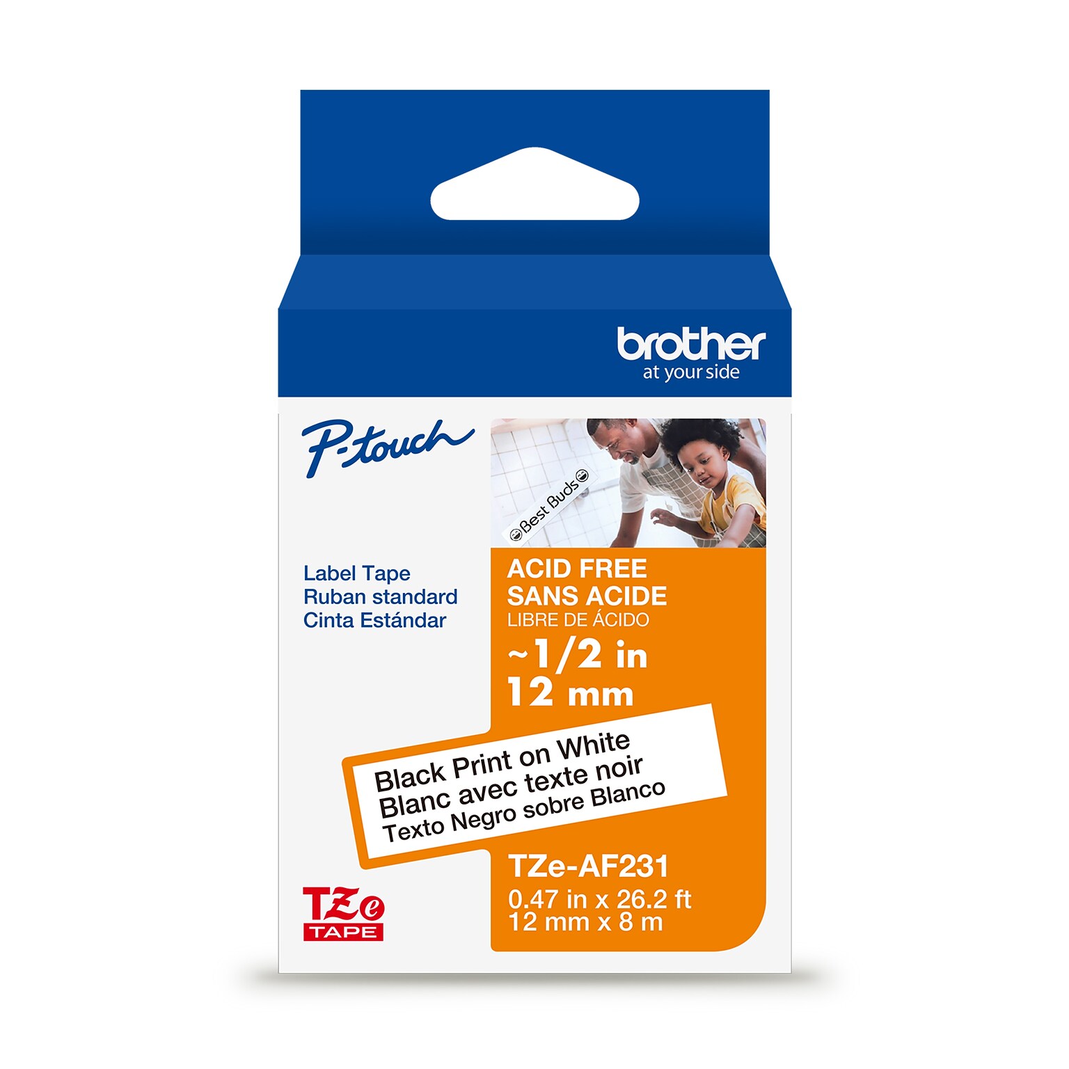 Brother P-touch Acid-Free Laminated Label Tape, 1/2 x 26.2, Black on White (TZeAF231)