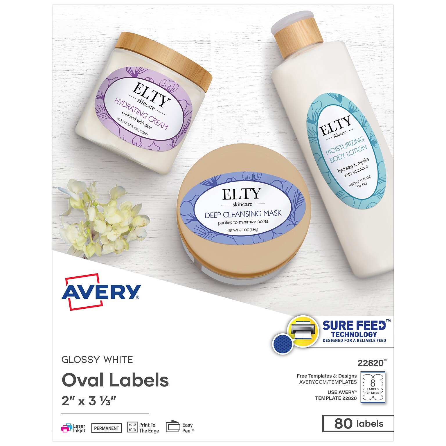 Avery Print-to-the-Edge Laser/Inkjet Oval Labels, 2 x 3 1/3, Glossy White, 80 Labels/Pack (22820)