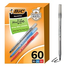 BIC Round Stic Xtra-Life Ballpoint Pen, Medium Point, Assorted Ink, 60/Pack (GSM609-AST)