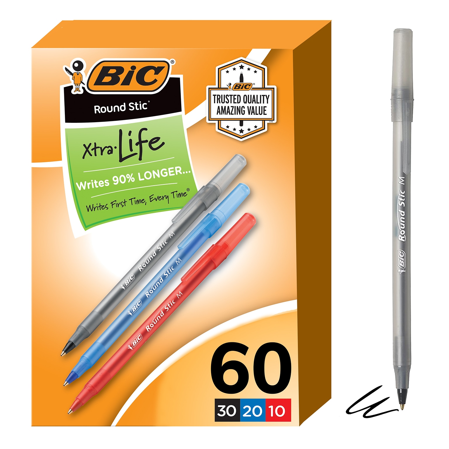 BIC Round Stic Xtra-Life Ballpoint Pen, Medium Point, Assorted Ink, 60/Pack (GSM609-AST)