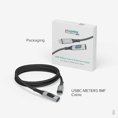 Plugable 3.3' USB C Extension Cable with Built-in Multimeter Tester (USBC-METER3-1MF)